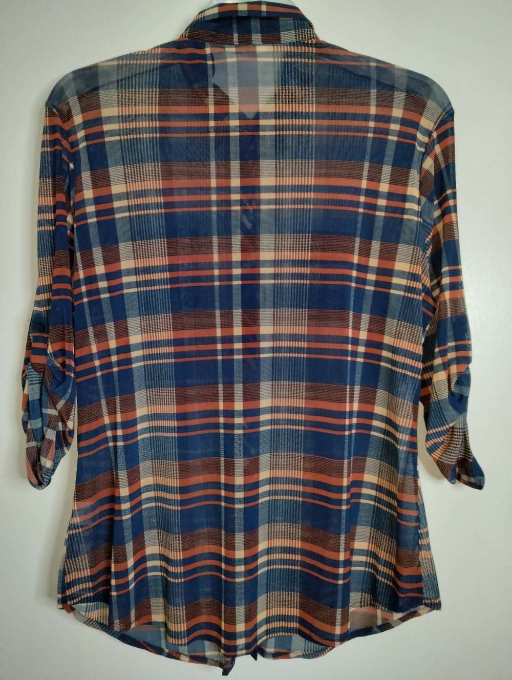 Bailey & Chloe (Sz L) Blue & Brown Plaid Semi-sheer Button Roll Tab Sleev3 Shirt - Picture 9 of 13